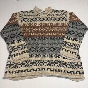 Claudia D Fair Isle Mock Neck Knit Sweater Brown Grey Cream Size S